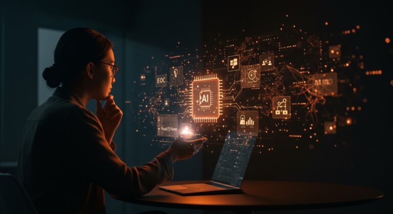 Profesional analizando interfaz holográfica de IA en Windows 11, ilustrando la revisión de Microsoft sobre Copilot y Recall en productividad.