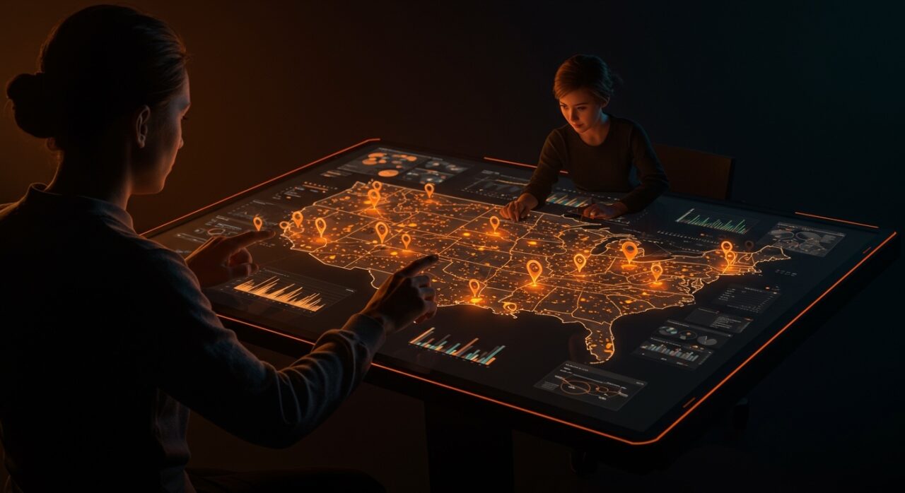 Mapa interactivo de minería en Estados Unidos con visualización de datos abiertos usando Leaflet para análisis de mercado en startups.