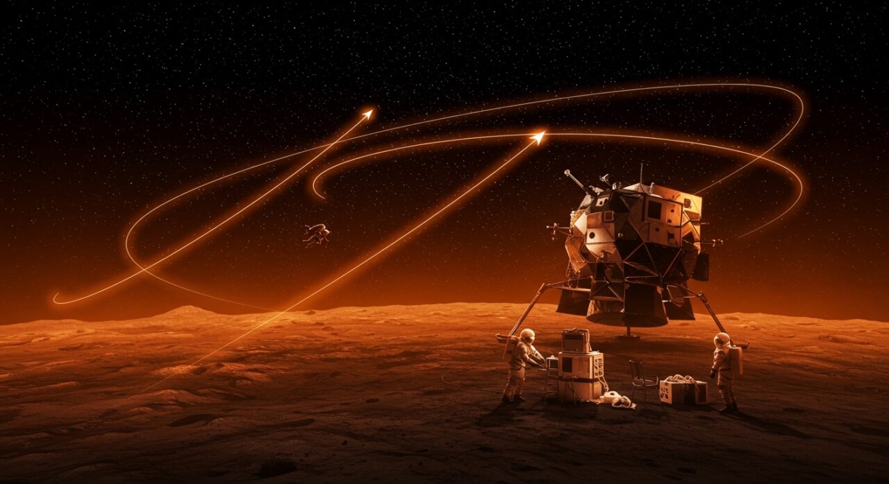 Imagen futurista de la misión lunar China 2030 con tecnología Mengzhou enfocada en innovación aeroespacial y competencia en exploración espacial.