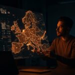 Fundador de startup europea frente a mapa digital de Europa con redes neuronales y centros de datos, simbolizando la soberanía tecnológica e inteligencia artificial de Mistral AI.