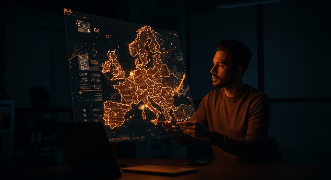 Fundador de startup europea frente a mapa digital de Europa con redes neuronales y centros de datos, simbolizando la soberanía tecnológica e inteligencia artificial de Mistral AI.