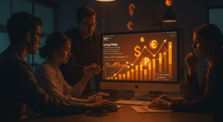 Equipo de startup colaborando con el MIT Living Wage Calculator para diseñar salarios justos y mejorar condiciones laborales con datos precisos.
