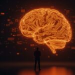 Founder tech contemplando una emulación cerebral digital que representa la ética en inteligencia artificial para el futuro tecnológico.