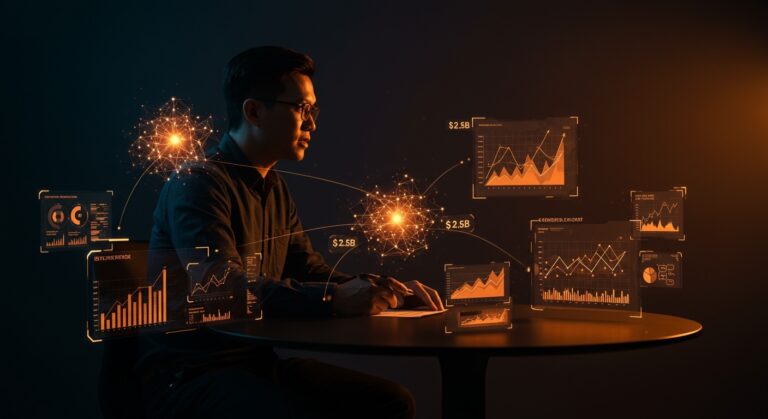 Fundador de startup de IA Modal Labs negociando una ronda de inversión de 2.5 mil millones liderada por General Catalyst con elementos visuales de IA y financiación.