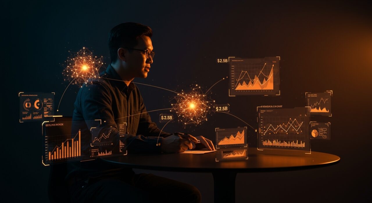 Fundador de startup de IA Modal Labs negociando una ronda de inversión de 2.5 mil millones liderada por General Catalyst con elementos visuales de IA y financiación.