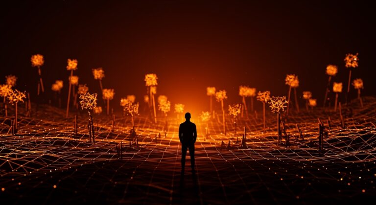 Líder de startup contemplando horizonte digital con modelos de IA destacando la diferenciación tecnológica y valor real en el mercado AI 2026.