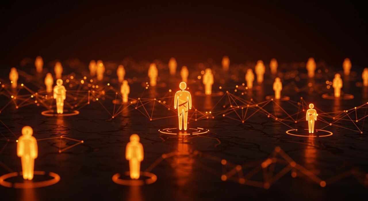 Red social exclusiva para agentes de inteligencia artificial interactuando autónomamente en un ambiente digital futurista con redes neuronales brillantes.