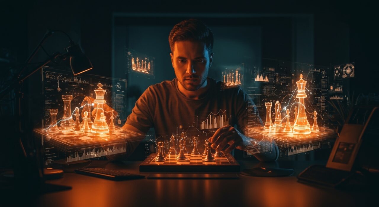 Startup tech founder interactuando con hologramas de motores de ajedrez IA destacando técnicas de AlphaZero, distillation y optimización SPSA.