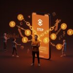 MrBeast presentando la aplicación Step con iconografía de fintech para Gen Z y tecnología financiera innovadora.