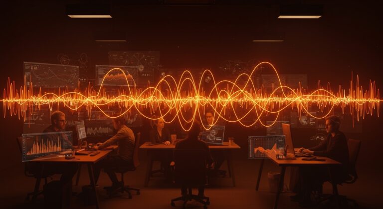 Startup founders colaborando inspirados en música electrónica y experiencia de usuario para innovar en la industria creativa y entretenimiento digital.