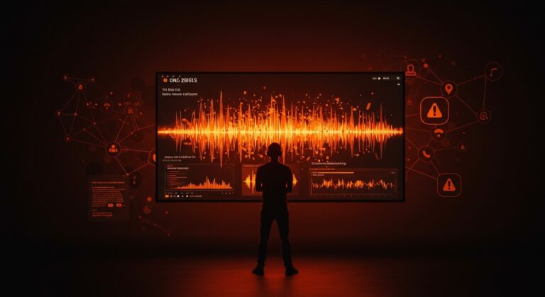 Fundador de startup frente a interfaz digital de plataforma musical, ilustrando comunicación de crisis y gestión comunitaria en ecosistema tech.