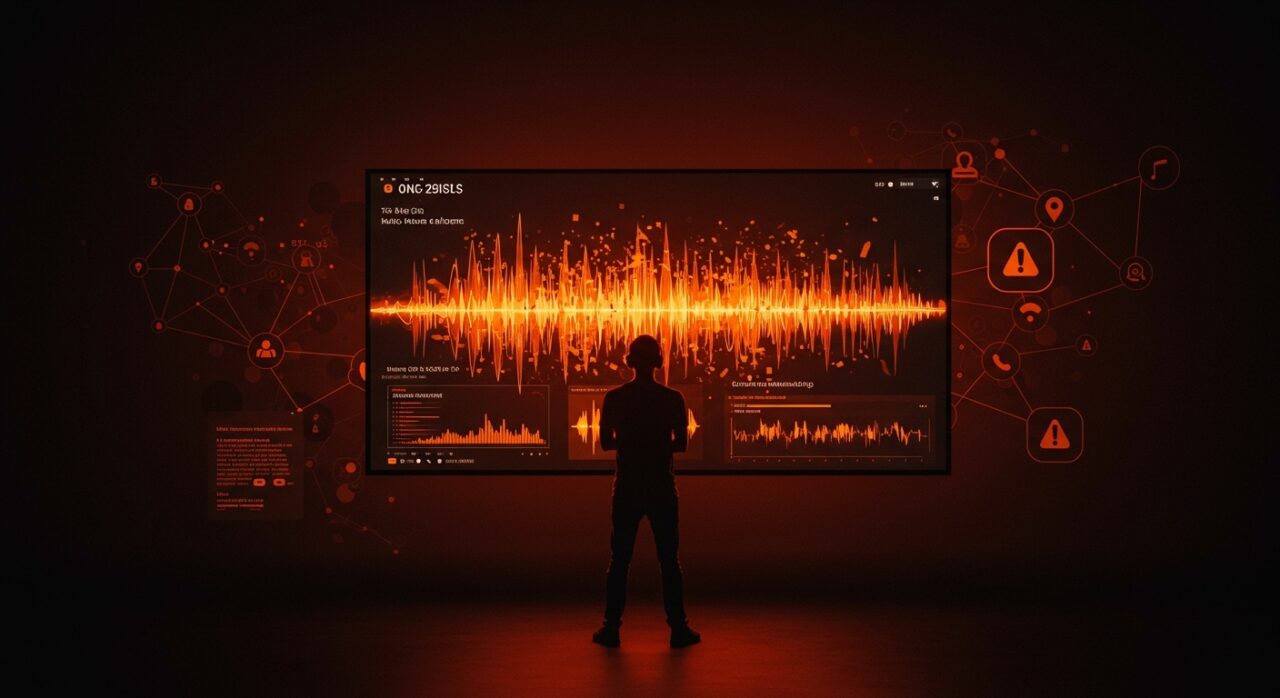 Fundador de startup frente a interfaz digital de plataforma musical, ilustrando comunicación de crisis y gestión comunitaria en ecosistema tech.