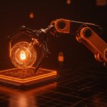 Visualización conceptual de NanoClaw asegurando asistentes de IA mediante aislamiento de sistema operativo con estilo editorial en tonos naranja y negro.