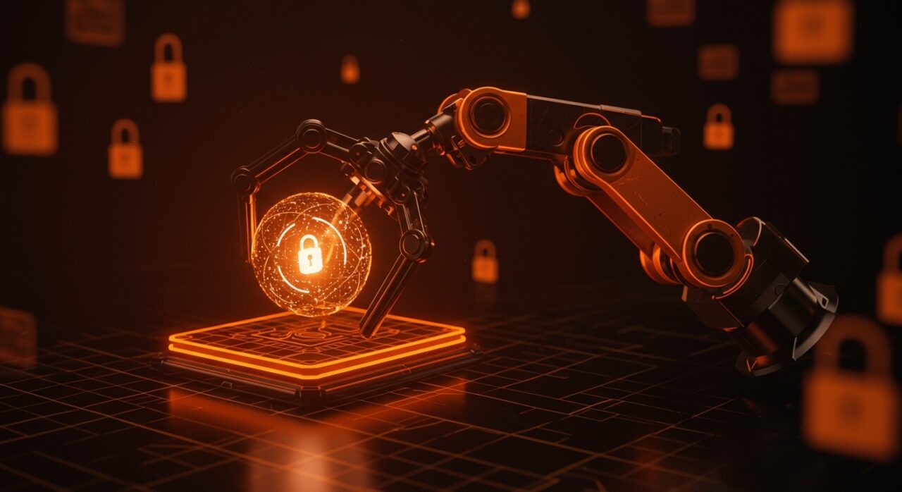 Visualización conceptual de NanoClaw asegurando asistentes de IA mediante aislamiento de sistema operativo con estilo editorial en tonos naranja y negro.