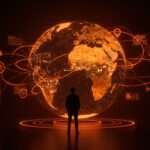 Narrativa mediática global y gestión de imagen en startups representada por un emprendedor frente a un globo digital con flujos de datos y fragmentos mediáticos en paleta naranja y negro.