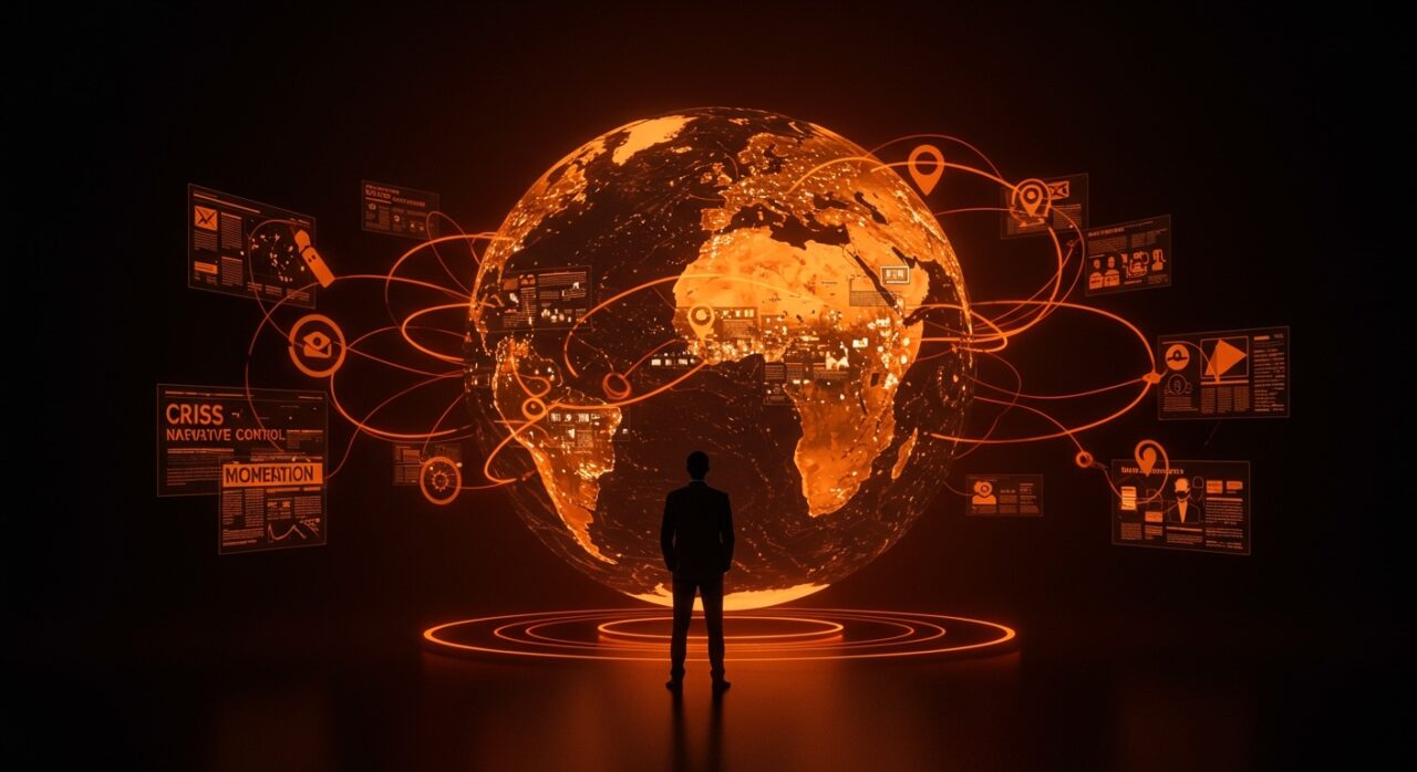 Narrativa mediática global y gestión de imagen en startups representada por un emprendedor frente a un globo digital con flujos de datos y fragmentos mediáticos en paleta naranja y negro.