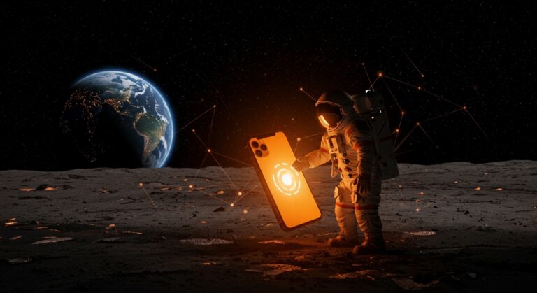Astronauta en la luna utilizando un iPhone, simbolizando la innovación tecnológica y comunicaciones espaciales en la misión lunar Artemis de la NASA.