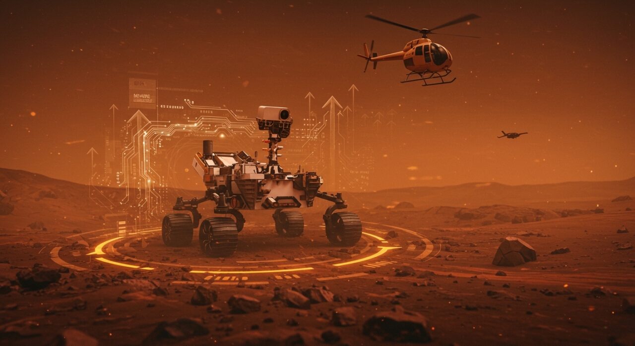 Rover Perseverance de la NASA utilizando el procesador Snapdragon de Ingenuity para navegación autónoma en Marte, destacando innovación robótica y exploración espacial.