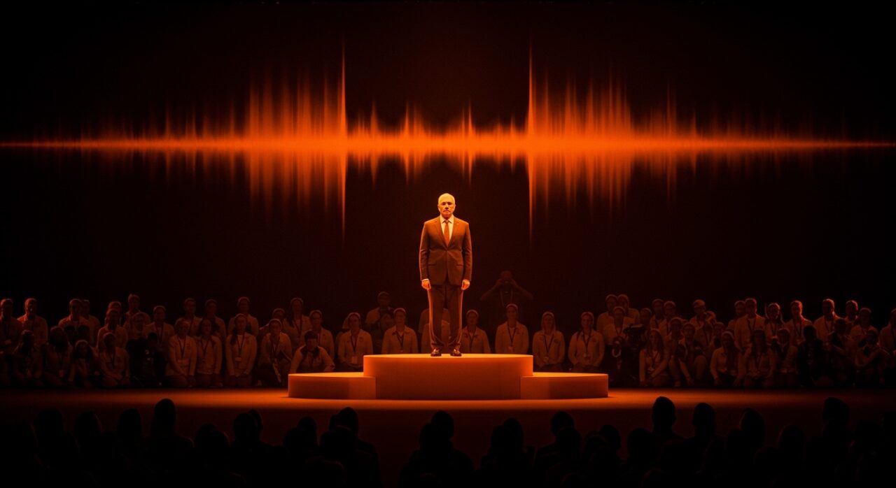 Control narrativo en transmisión deportiva: silueta en podio olímpico con ondas sonoras que simbolizan abucheos silenciados por medios.