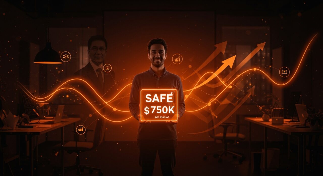 Fundador de startup confiado sosteniendo un contrato SAFE de 750 mil dólares representando financiamiento bajo dilución y alternativas a aceleradoras tradicionales.