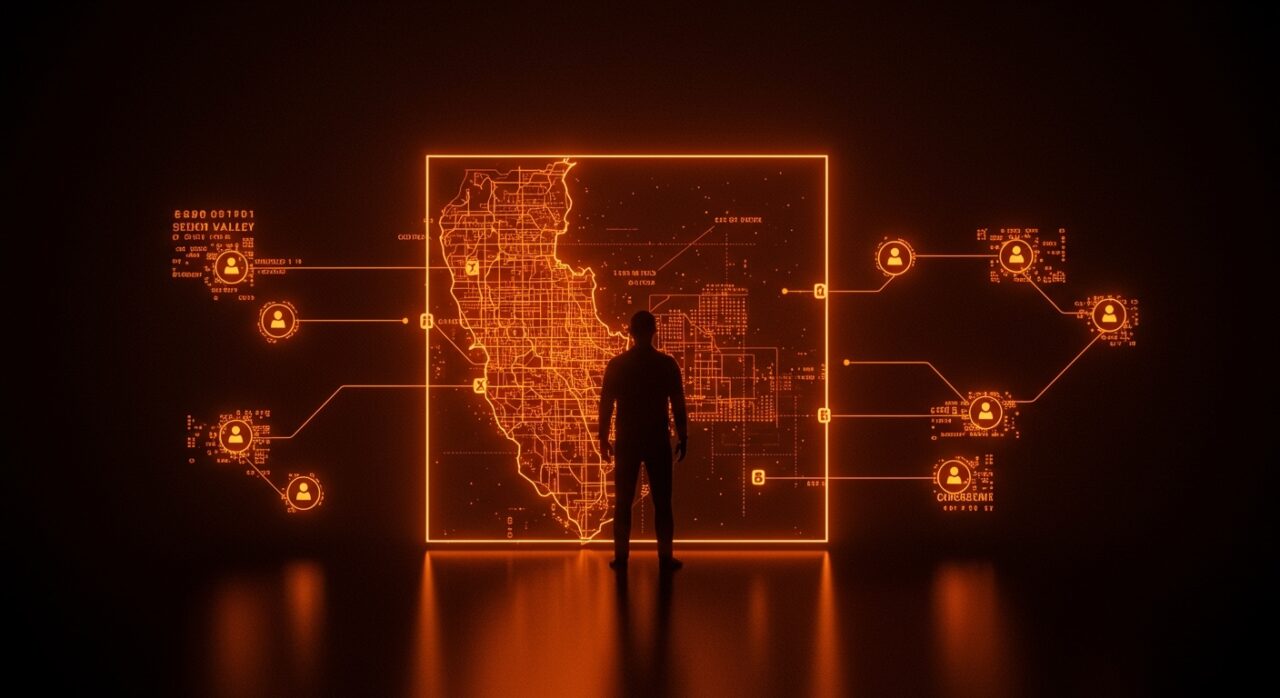 Neorreaccionarios en Silicon Valley influyendo en la cultura tecnológica y gobernanza corporativa representados con metáforas digitales y paleta Ecosistema Startup.