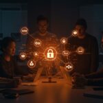 Colaboración de emprendedores tech con red VPN mesh NetBird resaltando acceso remoto seguro, WireGuard y gestión de privacidad.