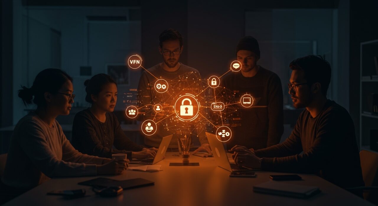 Colaboración de emprendedores tech con red VPN mesh NetBird resaltando acceso remoto seguro, WireGuard y gestión de privacidad.