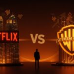 Imagen editorial que representa la adquisición de Warner Bros por Netflix, simbolizando la integración vertical y la consolidación en el entretenimiento digital.