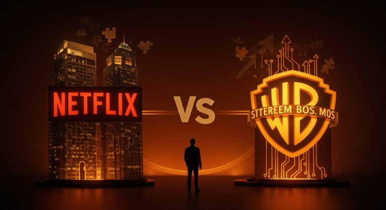 Imagen editorial que representa la adquisición de Warner Bros por Netflix, simbolizando la integración vertical y la consolidación en el entretenimiento digital.