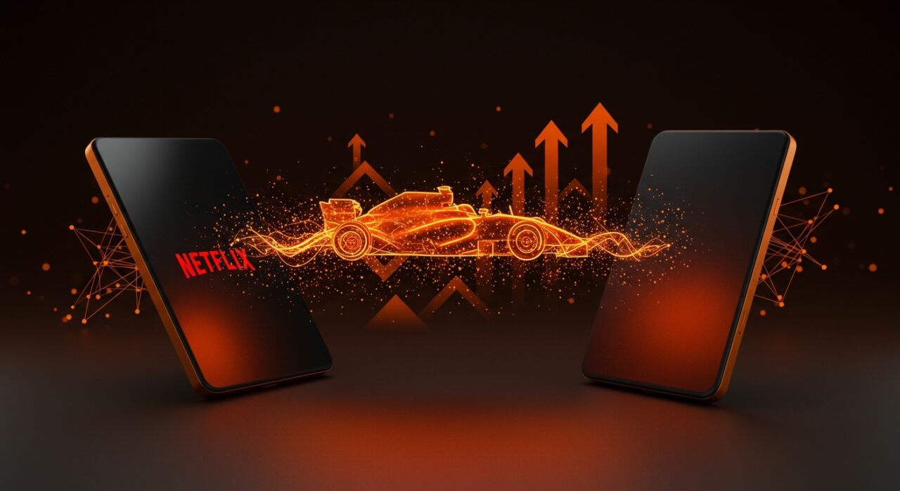 Netflix y Apple transmiten fórmula 1 en streaming en alianza estratégica, ilustrado con ondas digitales y metáforas visuales de transmisión deportiva digital.