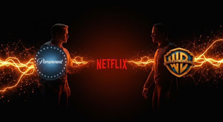 Consolidación mediática con Paramount adquiriendo Warner Bros Discovery y Netflix retirándose, destacando tendencias en streaming y adquisiciones tecnológicas.