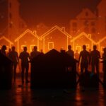 Movimientos NIMBY bloqueando viviendas asequibles y participación ciudadana en políticas públicas urbanas, con símbolos de activismo urbano en tonos naranja y negro.