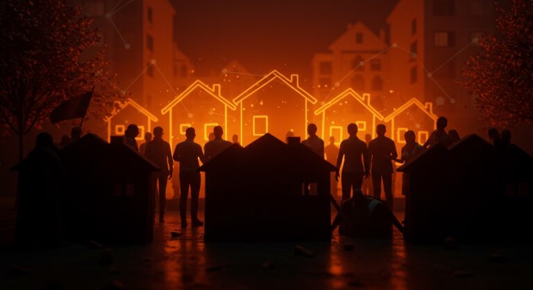 Movimientos NIMBY bloqueando viviendas asequibles y participación ciudadana en políticas públicas urbanas, con símbolos de activismo urbano en tonos naranja y negro.