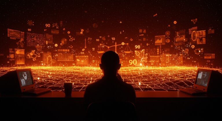 Founder tech reflexionando en un paisaje digital nostálgico de los 90 que combina tecnología, cultura e innovación en LATAM.