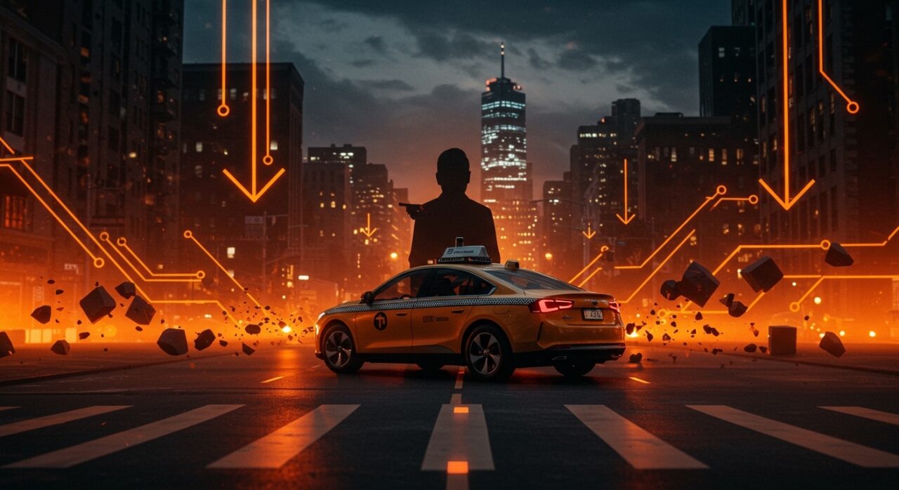 Robotaxi de Waymo detenido en una calle de Nueva York simbolizando la regulación en movilidad autónoma y la pausa en innovación urbana.