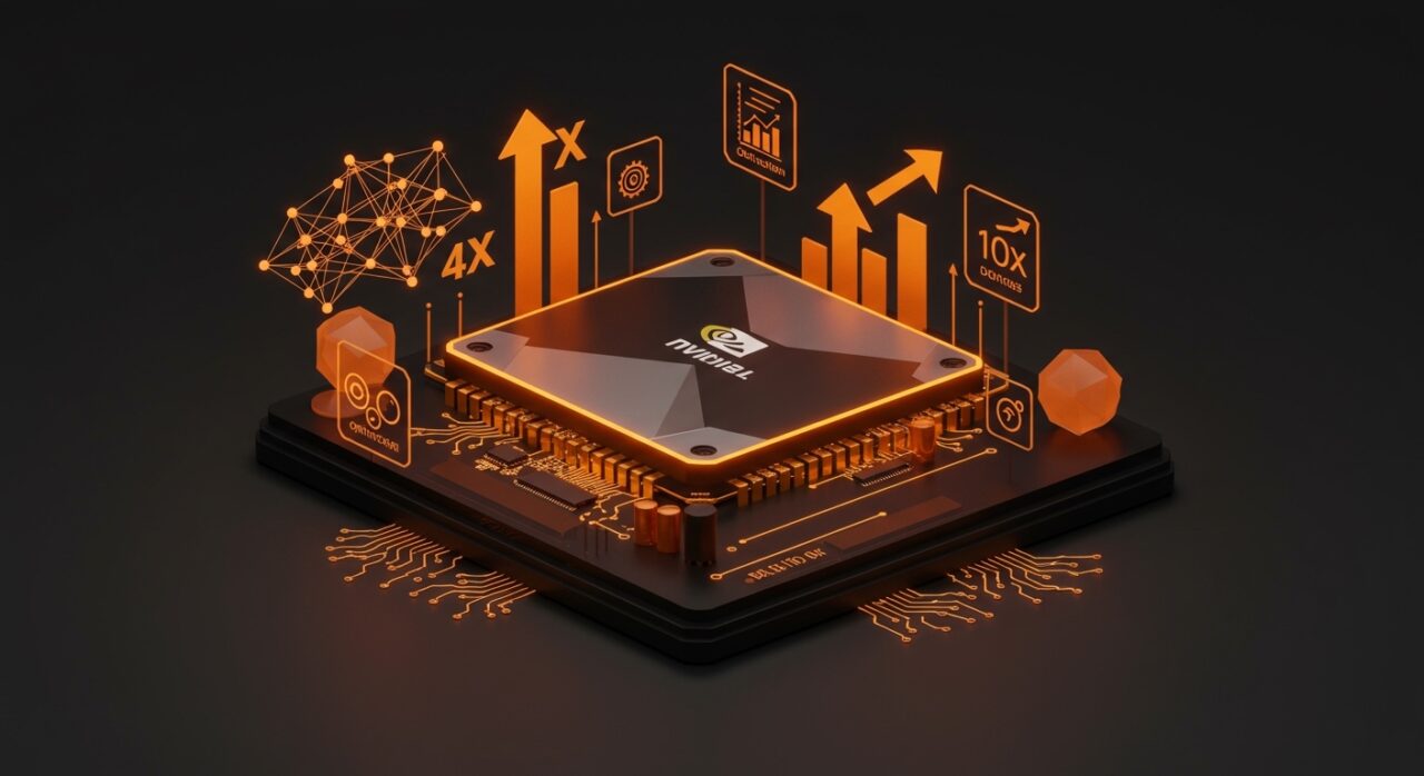 Nvidia Blackwell GPU destacada en tonos naranja y negro representando la reducción de costos en inferencia AI y optimización de infraestructura para startups.