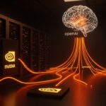 Inversión de Nvidia en OpenAI representada con flujos de energía naranja y negro convergiendo en un emblema de inteligencia artificial, simbolizando financiamiento tecnológico y alta valuación startup.