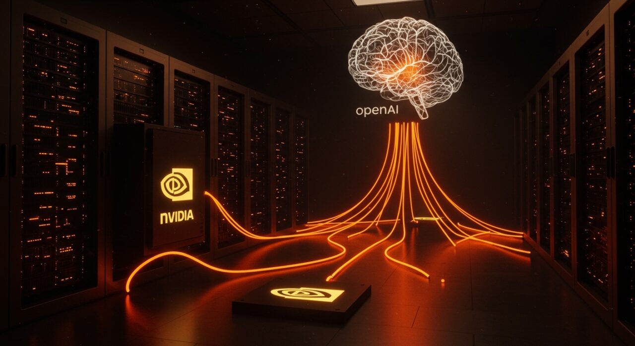 Inversión de Nvidia en OpenAI representada con flujos de energía naranja y negro convergiendo en un emblema de inteligencia artificial, simbolizando financiamiento tecnológico y alta valuación startup.