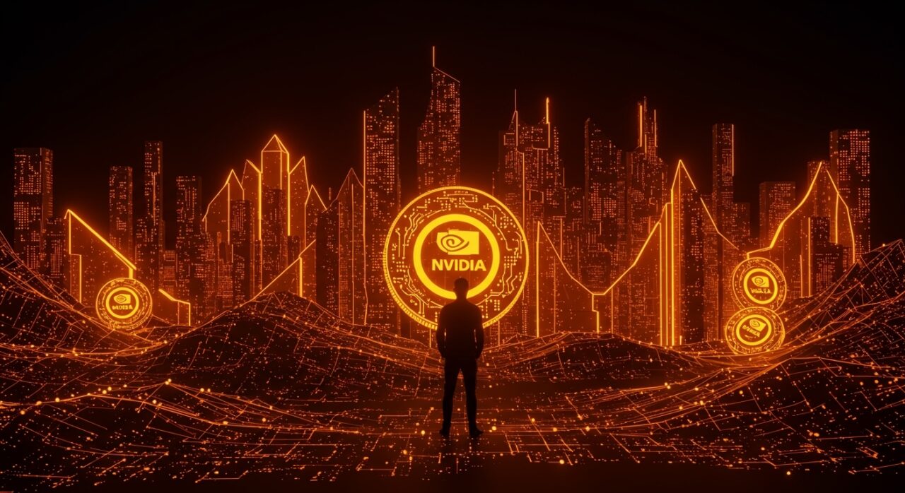 Fundador de startup frente a ciudad digital iluminada con redes neuronales y flujos de inversión en IA destacando el récord de Nvidia en gastos de capital.