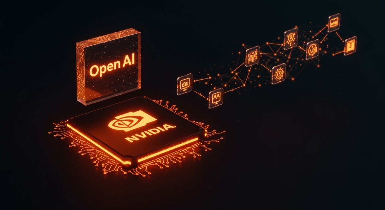 Nvidia reduce inversión en OpenAI representada por flujo de fondos digitales con iconos de startups de IA en esquemas de red neural y valoración elevada.