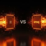 Competencia entre Nvidia y Groq por la inferencia de inteligencia artificial en tiempo real con visualización de arquitecturas GPU y LPU en tonos naranja y negro.