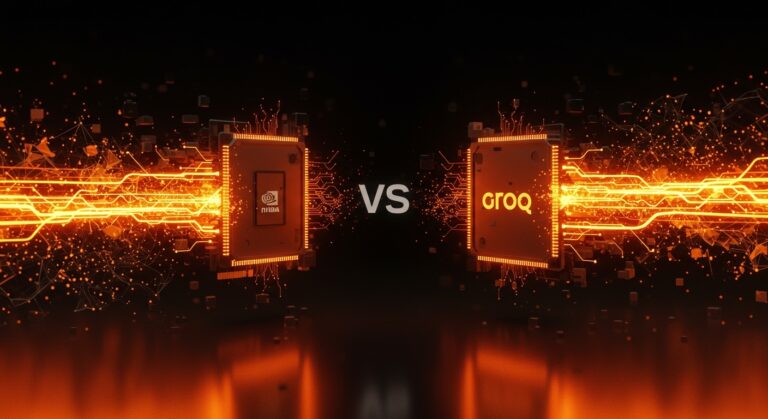 Competencia entre Nvidia y Groq por la inferencia de inteligencia artificial en tiempo real con visualización de arquitecturas GPU y LPU en tonos naranja y negro.