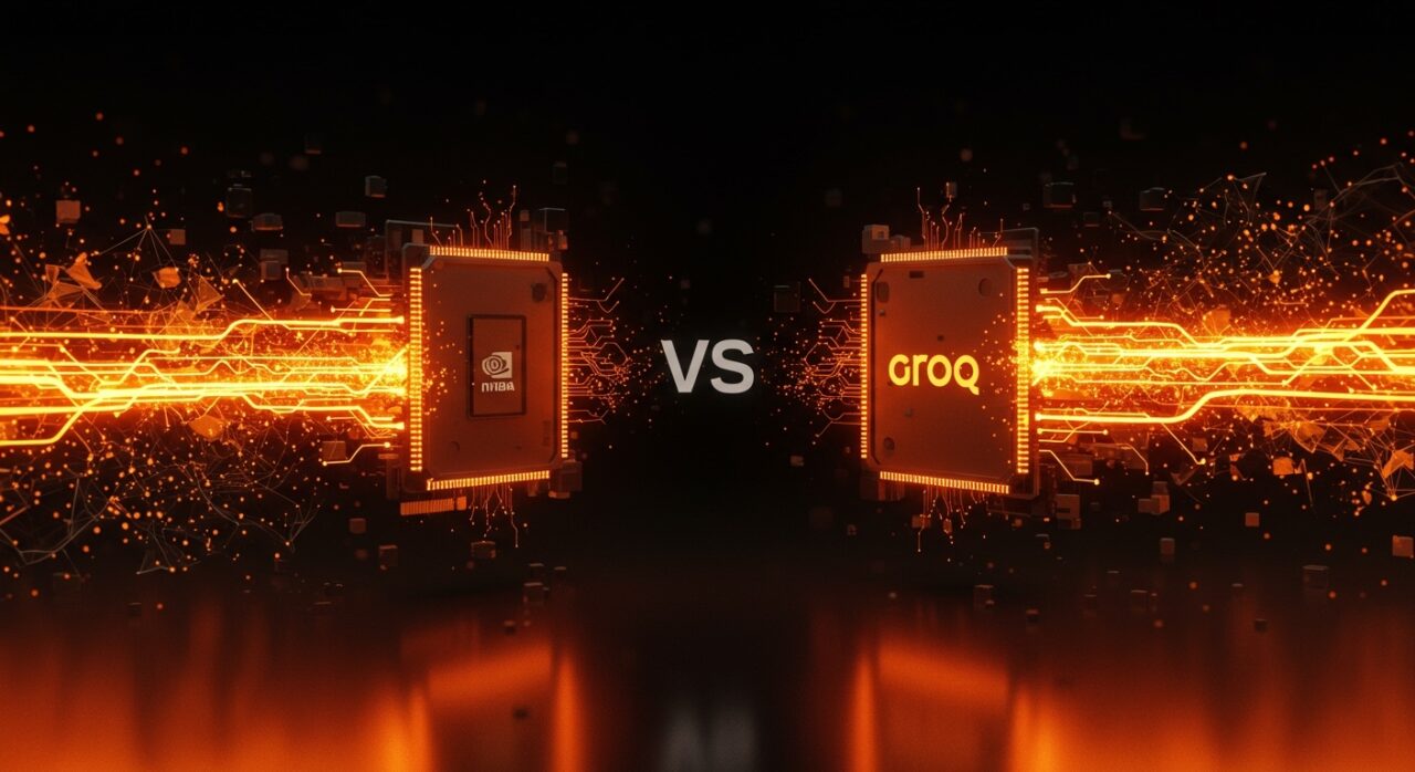 Competencia entre Nvidia y Groq por la inferencia de inteligencia artificial en tiempo real con visualización de arquitecturas GPU y LPU en tonos naranja y negro.