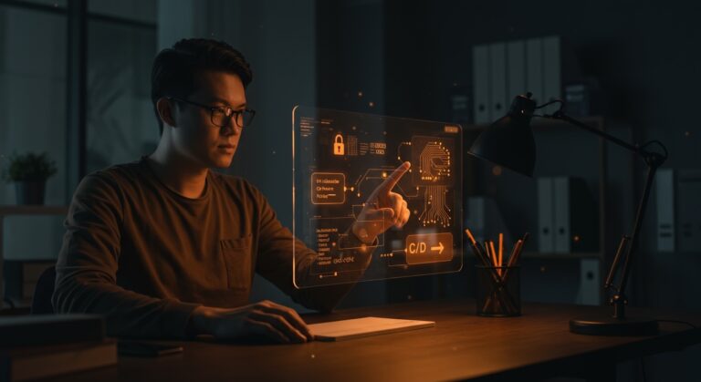 Fundador de startup trabajando con interfaz digital de automatización y sincronización segura usando Obsidian Sync headless en entorno tecnológico moderno.