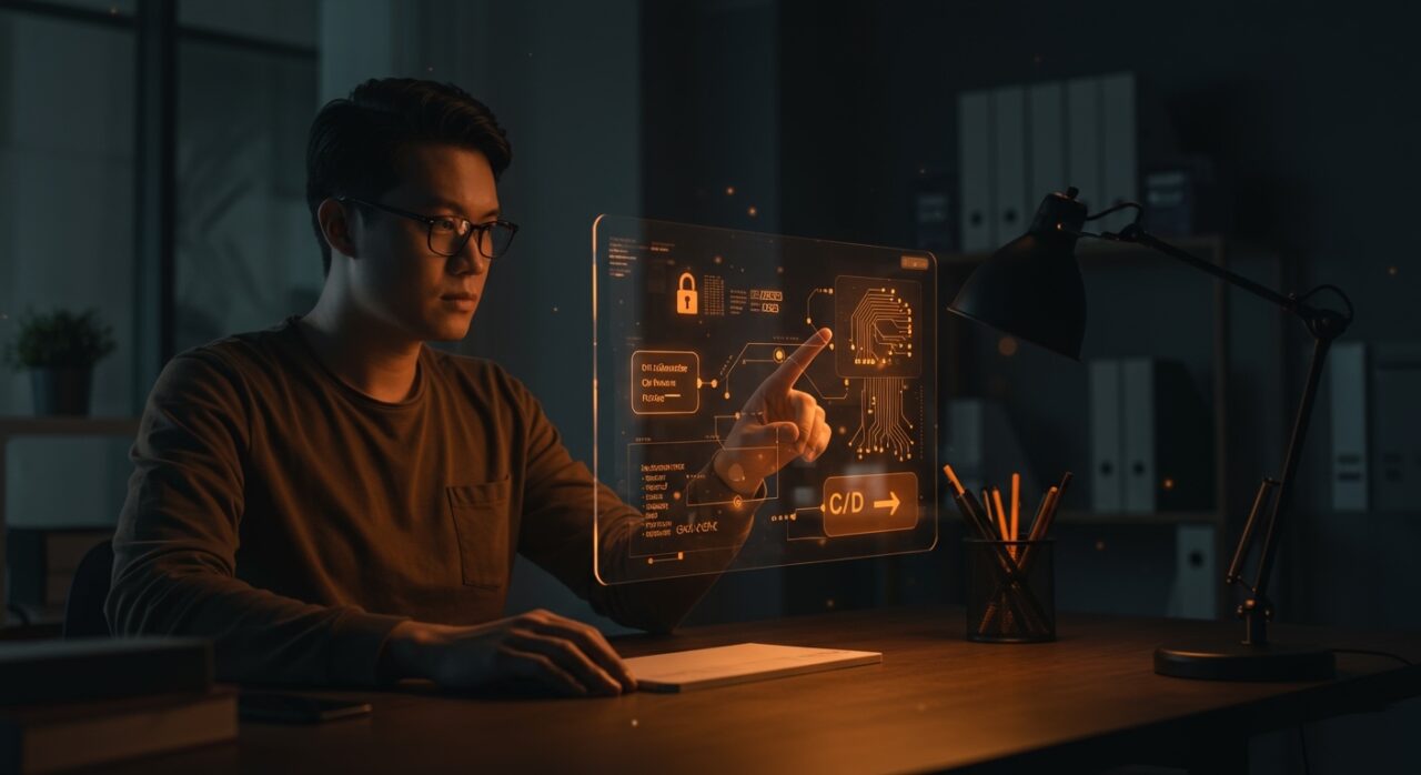 Fundador de startup trabajando con interfaz digital de automatización y sincronización segura usando Obsidian Sync headless en entorno tecnológico moderno.