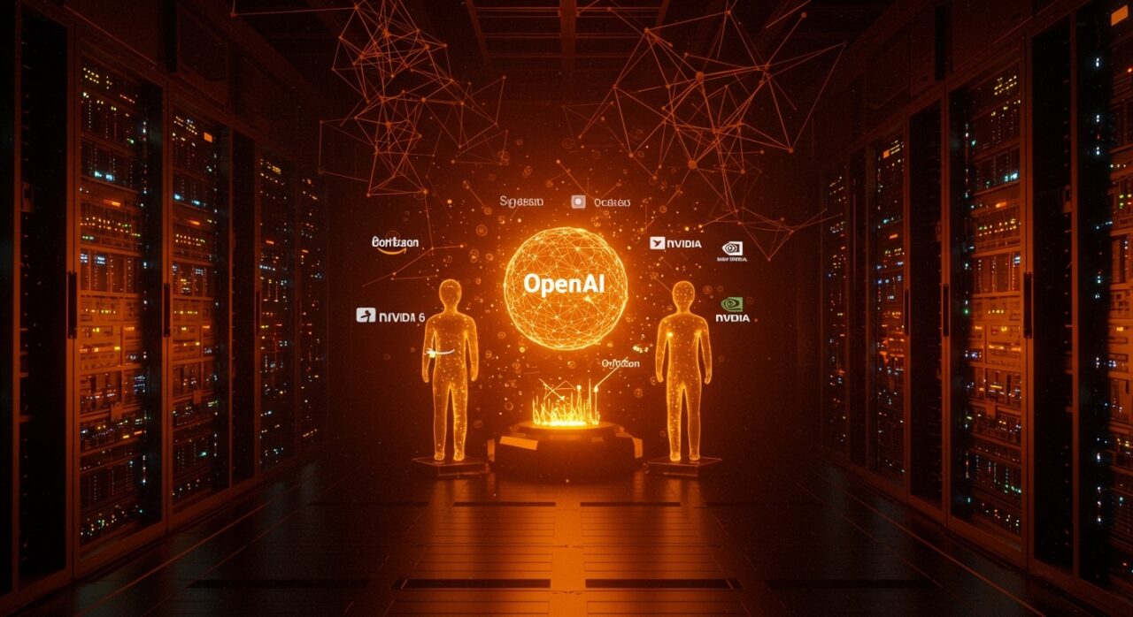 Visualización de la ronda de financiación de OpenAI por 110 mil millones de dólares liderada por Amazon, SoftBank y Nvidia, destacando la inversión en inteligencia artificial y startups tecnológicas.
