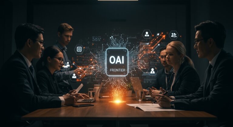 Consultores empresariales colaborando con OpenAI para impulsar la adopción de inteligencia artificial y automatización con la plataforma Frontier AI.