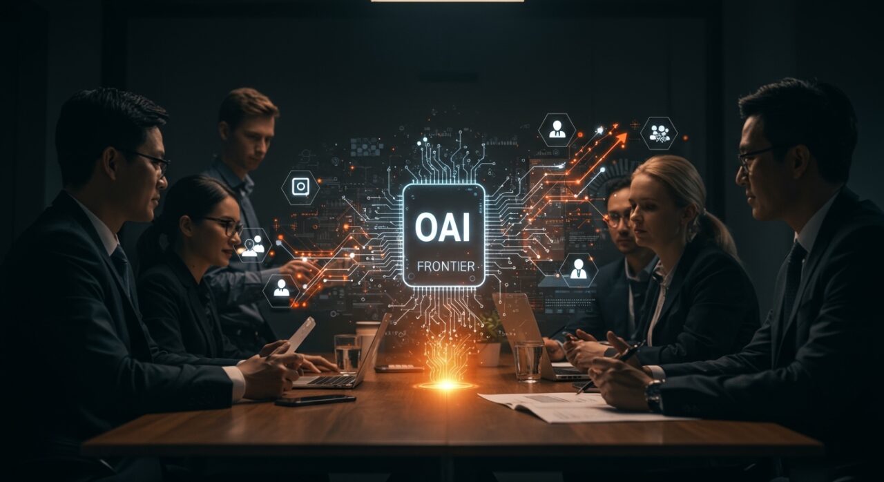 Consultores empresariales colaborando con OpenAI para impulsar la adopción de inteligencia artificial y automatización con la plataforma Frontier AI.