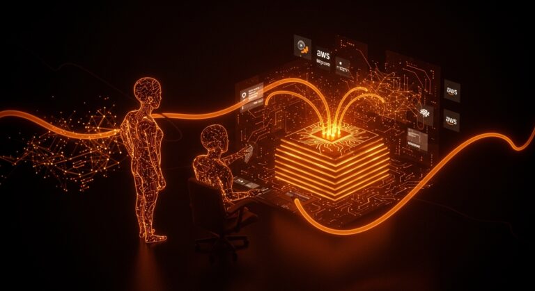 Arquitectura stateful para agentes IA empresariales con OpenAI y AWS en un entorno tecnológico futurista.