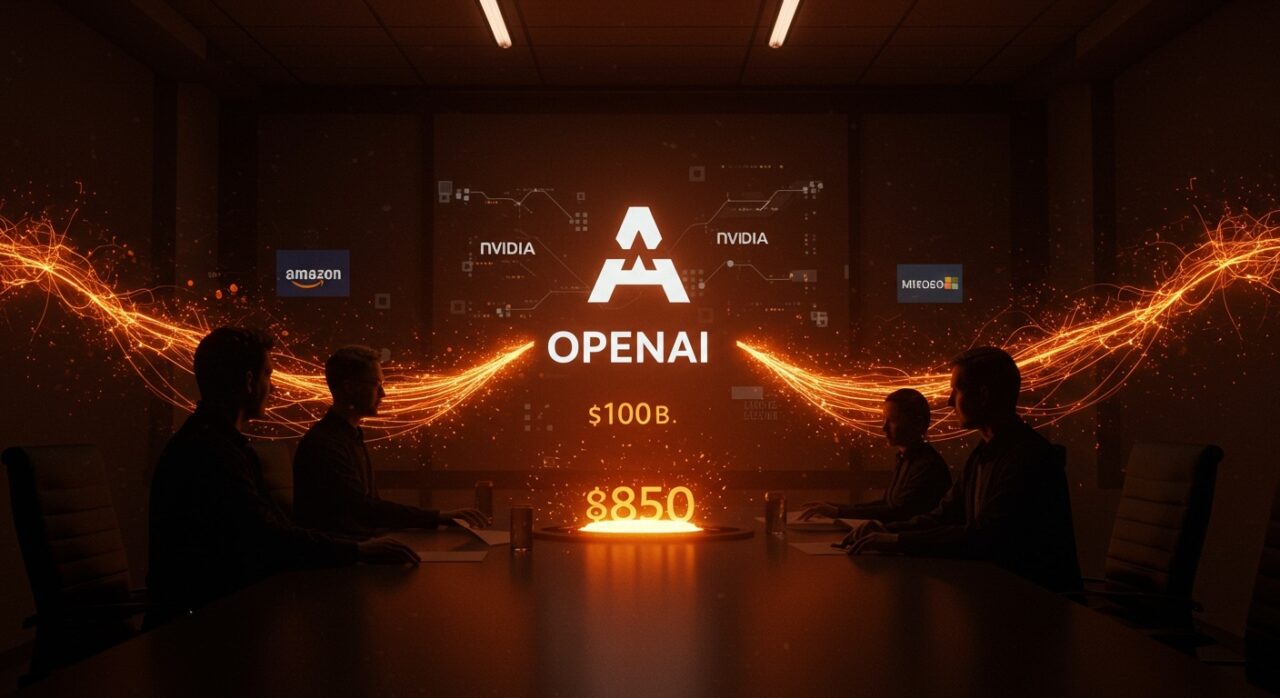Representación conceptual de la ronda de financiamiento de $100 mil millones de OpenAI con inversores líderes en tecnología, destacando inversión en IA y valoración récord.